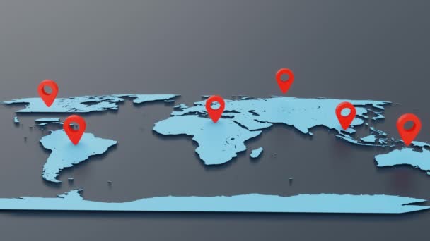 Símbolo de pino de localização looping sem costura salta para cima e salta para baixo no fundo do mapa do mundo. Conceito de signo e símbolo. Vídeo em 4K - Filmagem, Vídeo