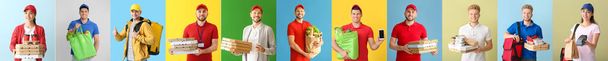 Set of couriers of food delivery service on colorful background - Photo, Image