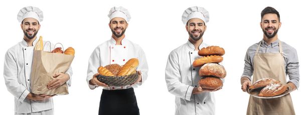 Set de panaderos con pan fresco aislado sobre blanco - Foto, Imagen