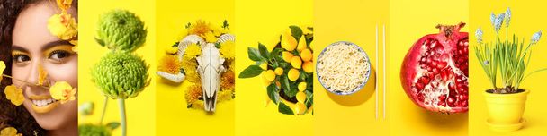 Summer collage of different photos on yellow background - Фото, изображение