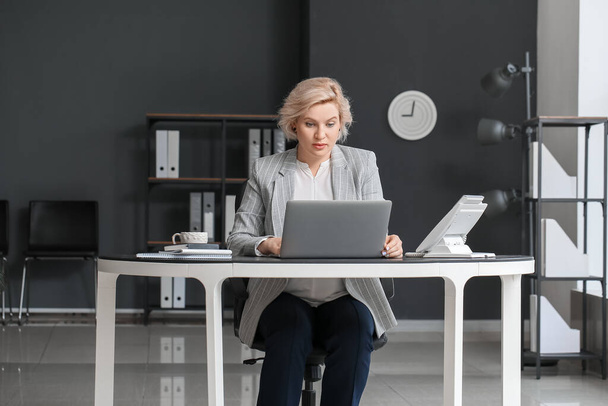 Belle femme d'affaires blonde travaillant avec un ordinateur portable à la table au bureau - Photo, image