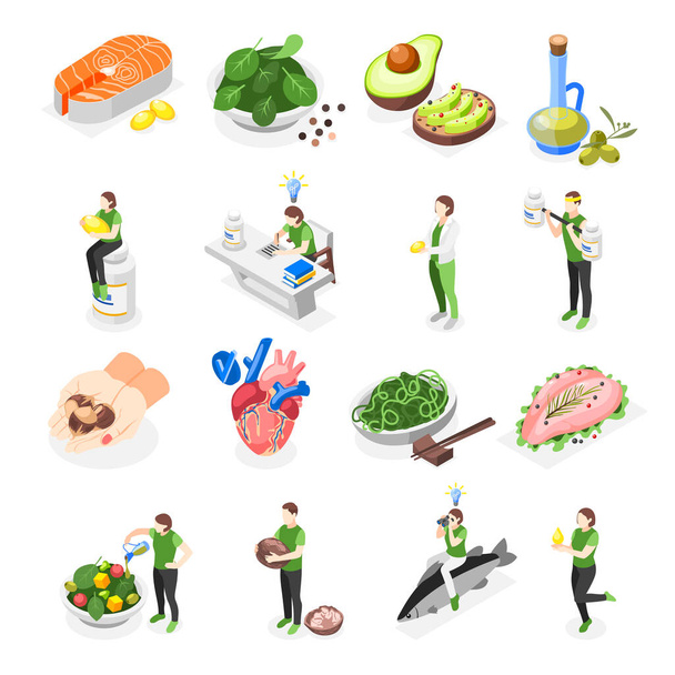Icone isometriche degli acidi Omega 3 6 e 9 con simboli alimentari sani illustrazione vettoriale isolata - Vettoriali, immagini