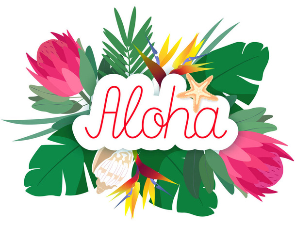 Arka planda palmiye yaprakları ve tropikal çiçekli Aloha tabiri - Vektör, Görsel