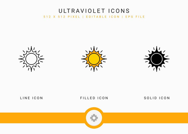 Iconos ultravioleta establecer ilustración vectorial con el estilo de línea de icono sólido. Concepto de protección solar. Icono de trazo editable en fondo blanco aislado para diseño web, interfaz de usuario y aplicación móvil - Vector, Imagen