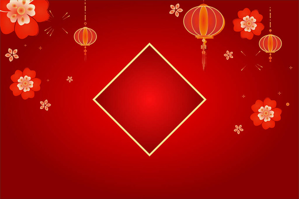 Abstract red background with a square shape, Chinese lanterns, and flowers - Foto, Imagen
