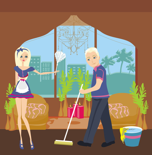 Couple cleaning home - Vector, Image