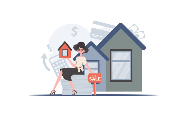 The girl sits on a mountain of documents and holds a small house in her hands. The concept of selling a house. trendy style. Vector illustration. - Vector, Image