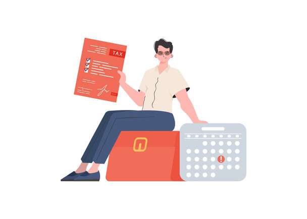 A man sits and holds a calculator and a tax return. Isolated. Element for presentation. Vector illustration - Vector, Image