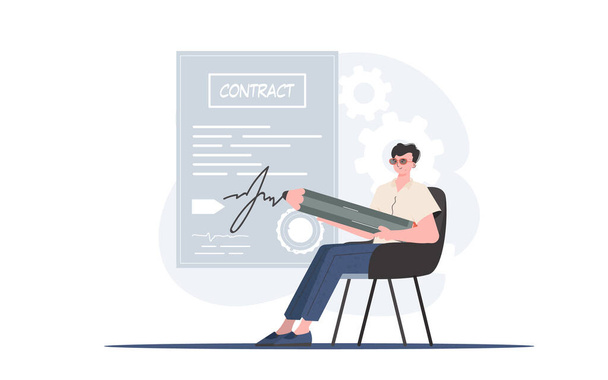 A man sits in a chair and signs a contract. Partnership. Element for presentation. Vector illustration - Διάνυσμα, εικόνα