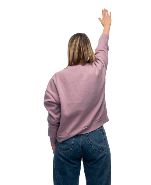feminism and human rights concept - woman protesting on demonstration and showing stop gesture over white background - Photo, image