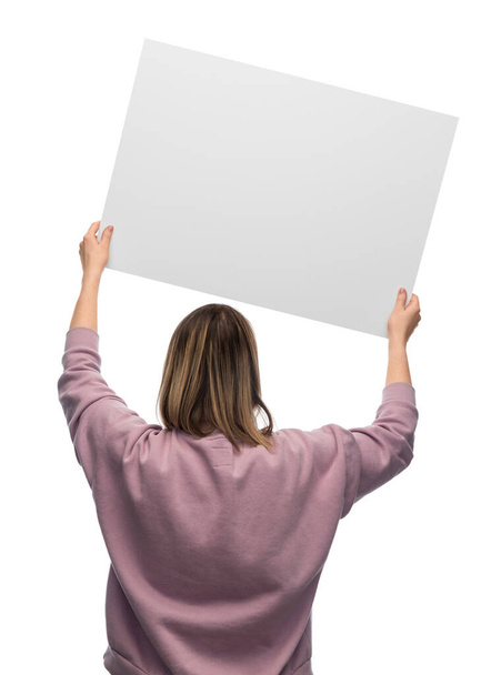feminism and human rights concept - woman with poster protesting on demonstration over white background - Foto, imagen