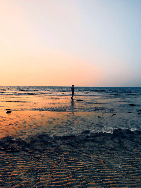 A vertical distant view of a young female walking at the coast of an ocean during sunset - Photo, Image