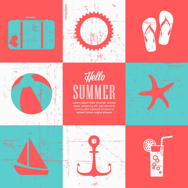 Plantilla de póster de encabezado de banner retro de verano con contenido de texto medio cuadrado y ocho iconos de viaje de verano retro diferente mosaico en colores vivos - Vector, Imagen