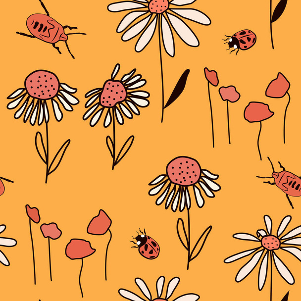χαριτωμένο αφηρημένη απλή αδιάλειπτη διανυσματική απεικόνιση μοτίβο με πολύχρωμα λουλούδια μαργαρίτα, παπαρούνες και κόκκινα έντομα σε κίτρινο φόντο - Διάνυσμα, εικόνα