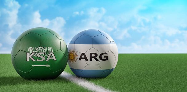 Saudi Arabia vs. Argentina Soccer Match - Leather balls in Saudi Arabia and Argentina national colors. 3D Rendering  - Zdjęcie, obraz