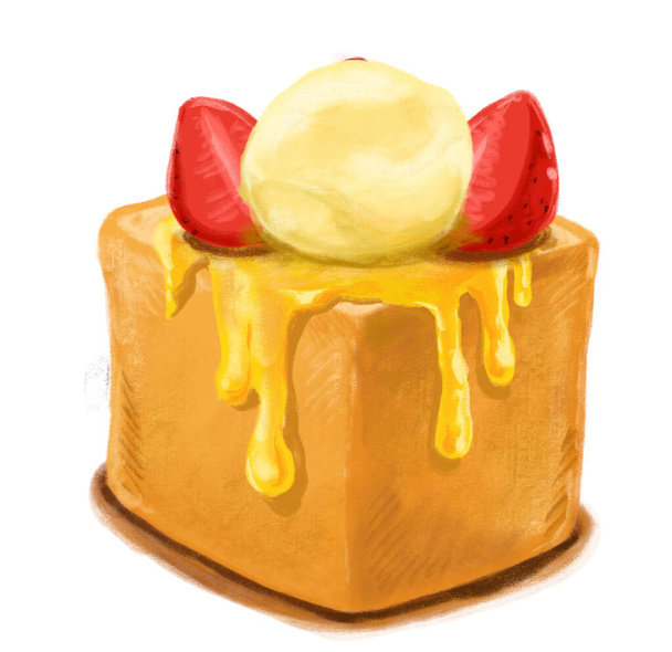 Honey toast heavy dessert bread butter vanilla ice cream and strawberries watercolor painting illustration art - Foto, immagini