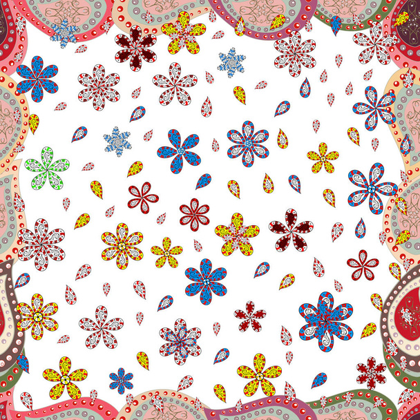 Vektorillustration. Farbiges rundes florales Mandala auf rotem, grauem und weißem Grund. Für Textilien, Einladungen, Banner und andere. - Vektor, Bild