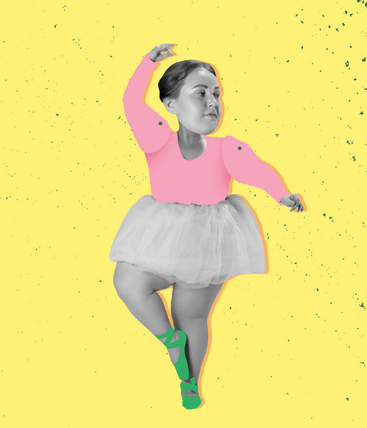 Bodypositive. Contemporary art collage with young ballerina with drawn doll-puppet body dancing on yellow background. Concept of art, creativity, surrealism, ideas and dreams. Challenges - Zdjęcie, obraz