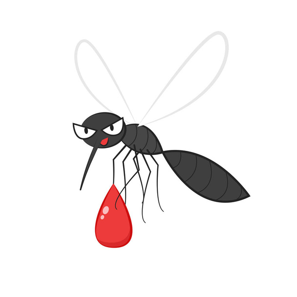 Caricatura de mosquitos. Diseño de carácter mosquito. Mosquito y sangre gota de dibujos animados. - Vector, imagen