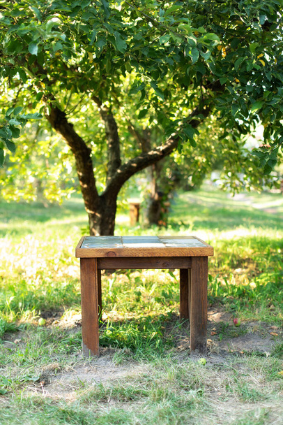 Hangulatos belső udvar asztallal. Üres asztal Sunny napján. Kerti bútor szabadidős a természetben. Fából készült asztal a fa alatt a nyári gyümölcsösben. Fa kültéri bútor készlet piknik a kertben.  - Fotó, kép