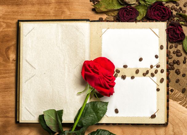 фотоальбом и красные розы на семенах кофе
 - Фото, изображение