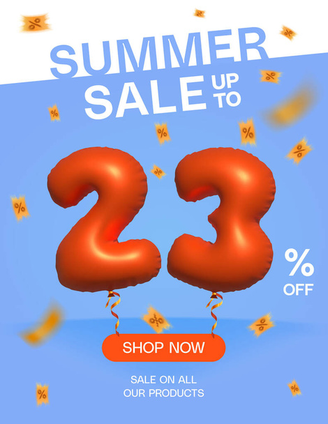3D Balloon Summer sale up to 23% off, Banner Shop Now sale on all our products poster, Shopping 3d number 23% special offer card, Template coupon discount label design vector illustration. - Διάνυσμα, εικόνα