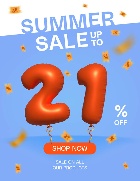 3D Balloon Summer sale up to 21% off, Banner Shop Now sale on all our products poster, Shopping 3d number 21% special offer card, Template coupon discount label design vector illustration. - Διάνυσμα, εικόνα