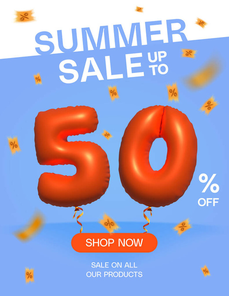 3d Balloon Summer sale up to 50% off, Banner Shop Now sale on all our products poster, Shopping 3d number 50 percent special offer card, Template coupon discount label design vector illustration. - Vector, Image