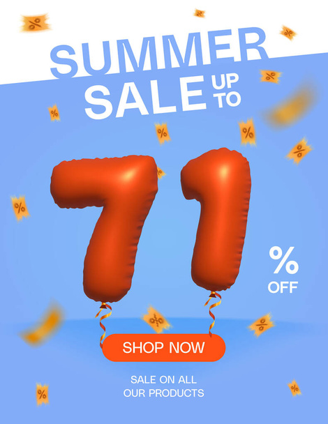 3D Balloon Summer sale up to 71% off, Banner Shop Now sale on all our products poster, Shopping 3d number 71% special offer card, Template coupon discount label design vector illustration. - Διάνυσμα, εικόνα