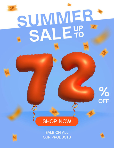 3d Balloon Summer sale up to 72% off, Banner Shop Now sale on all our products poster, Shopping 3d number 72 percent special offer card, Template coupon discount label design vector illustration. - Vektor, kép