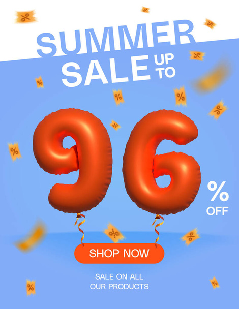 3d Balloon Summer sale up to 96% off, Banner Shop Now sale on all our products poster, Shopping 3d number 96% special offer card, Template κουπόνι discount label design vector illustration. - Διάνυσμα, εικόνα