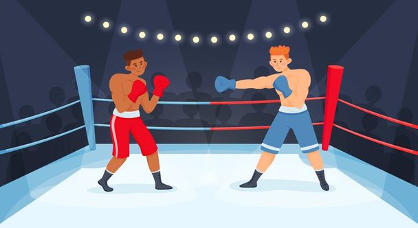 Fighters flat composition with indoor view of boxing ring with pair of male boxers and audience vector illustration - Vector, Image