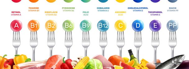 Vitamins realistic composition with horizontal row of forks with colorful bubbles supplement letters and text captions vector illustration - Vector, Image