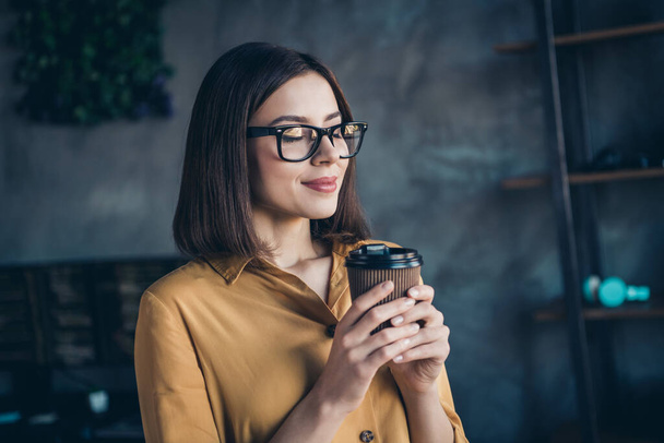 Profile side photo of young charming girl dream drink cappuccino beverage relax eyewear workplace indoors. - Fotografie, Obrázek