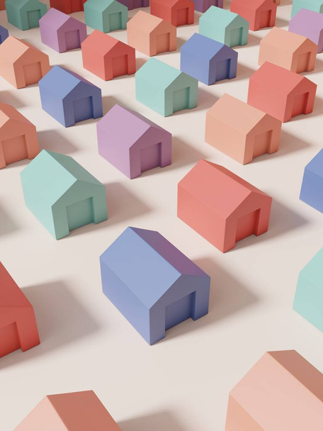 3D Αποτύπωση Multi Pastel Colors Studio Shot Miniature ή Rainbow Jigsaw Blocks Σπίτια Ιστορικό για Κάρτα, Αφίσα ή Web Banner. Μωβ, κίτρινο, ροζ και - Φωτογραφία, εικόνα