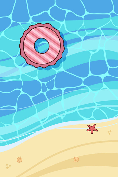 Summer beach. Floating rubber ring on waves. Top view.  - Vector, afbeelding