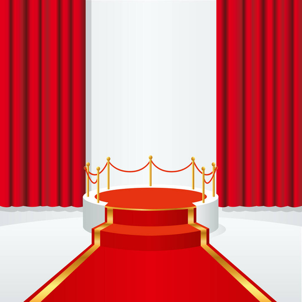 Concept of success with a podium and red carpet in front of a stage curtain to present a media event and distribute trophies to celebrities. - Διάνυσμα, εικόνα