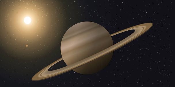 Widok Układu Słonecznego, z planetą Saturn krążącą wokół Słońca, w środku nieskończonej przestrzeni wszechświata. - Wektor, obraz