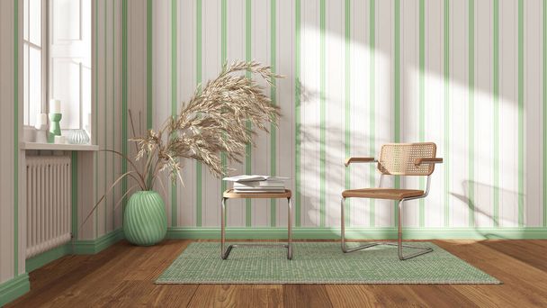 Skandinavisches Wohnzimmer in weißen und grünen Tönen. Rattan und stehlen Sessel, Beistelltisch, Teppich, Fenster und Dekore. Streifentapete. Modernes Raumkonzept - Foto, Bild