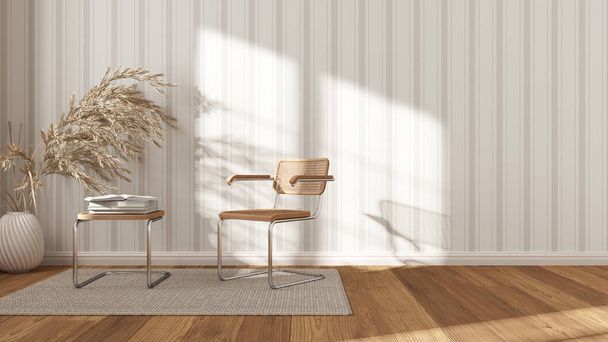 Contemporary waiting room in white and beige tones. Ротанг и украсть кресла, боковой стол, ковер, окна и декоры. Полосатые обои. Современный дизайн интерьера - Фото, изображение