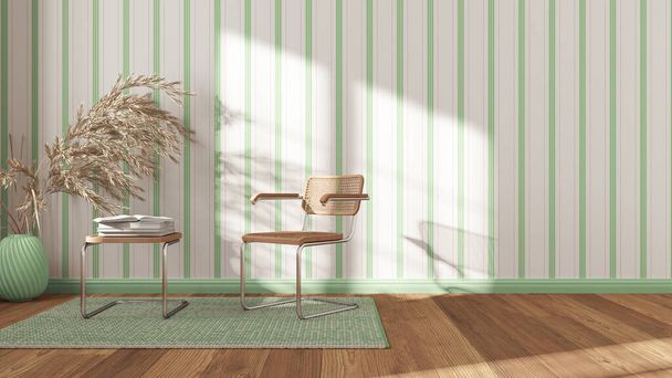 Contemporary waiting room in white and green tones. Ротанг и украсть кресла, боковой стол, ковер, окна и декоры. Полосатые обои. Современный дизайн интерьера - Фото, изображение