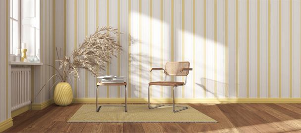 Вид на современный зал ожидания в белых и желтых тонах. Ротанг и украсть кресла, боковой стол, ковер, окна и декоры. Полосатые обои. Концепция интерьера - Фото, изображение