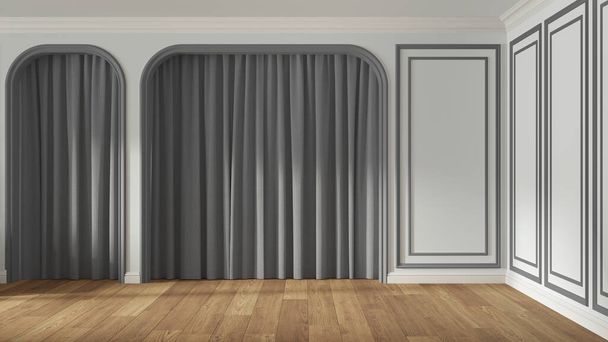 Diseño interior de habitación vacía en tonos blancos y grises, espacio abierto clásico con suelo de parquet de madera y paredes moldeadas, puertas arqueadas con cortinas, idea de concepto de arquitectura neoclásica - Foto, Imagen