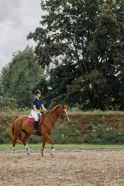 Ein junges Mädchen reitet auf einem braunen Pferd in der Sandarena eines Gestüts vor der Kulisse großer grüner Bäume. Reiten auf der Ranch in aller Ruhe. - Foto, Bild