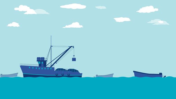 flat cartoon side view of fishing vessel boat at Ocean or sea - Διάνυσμα, εικόνα