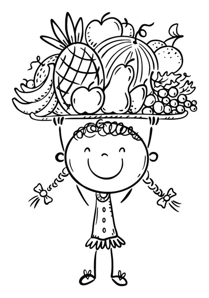 Γραμμικό σχέδιο ενός ευτυχισμένου κοριτσιού που κρατάει φρέσκα φρούτα - Διάνυσμα, εικόνα