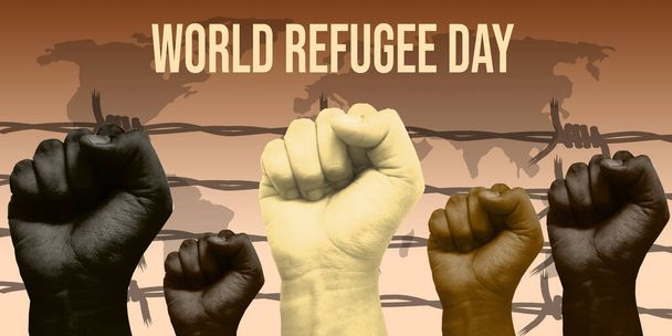 Giornata mondiale dei rifugiati manifesto della campagna. Pugno dipinto con colori diversi. Modello di poster di sensibilizzazione ai rifugiati - Foto, immagini