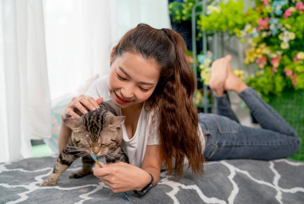 Asijské hezká dívka si hrát s kočkou v obývacím pokoji doma. Koncept štěstí s domácím mazlíčkem a milujícím zvířetem. - Fotografie, Obrázek