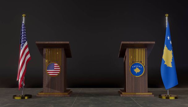 USA and Kosovo flags. USA and Kosovo flag. USA and Kosovo negotiations. Rostrum for speeches. 3D work and 3D image - Photo, Image