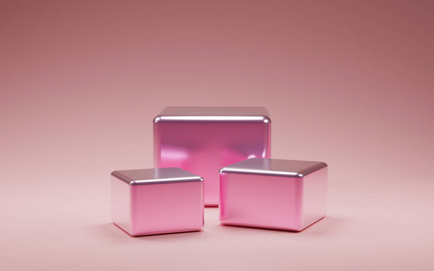 3d weergave van een roze en witte kubus podium met een leeg scherm op een paarse achtergrond - Foto, afbeelding